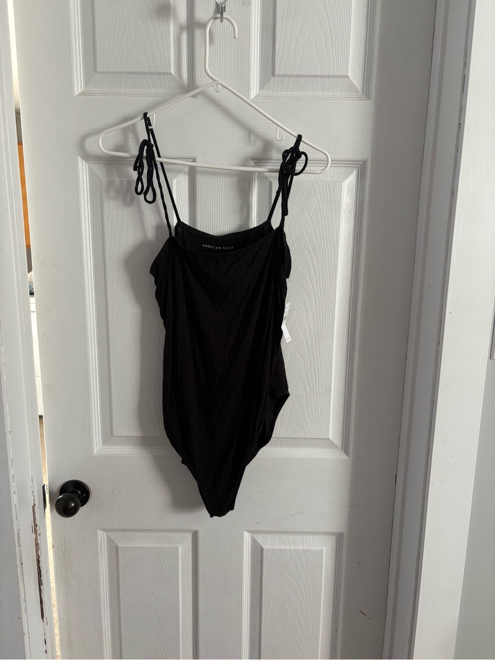American Eagle Outfitters Black Tie-Shoulder Bandeau Bodysuit